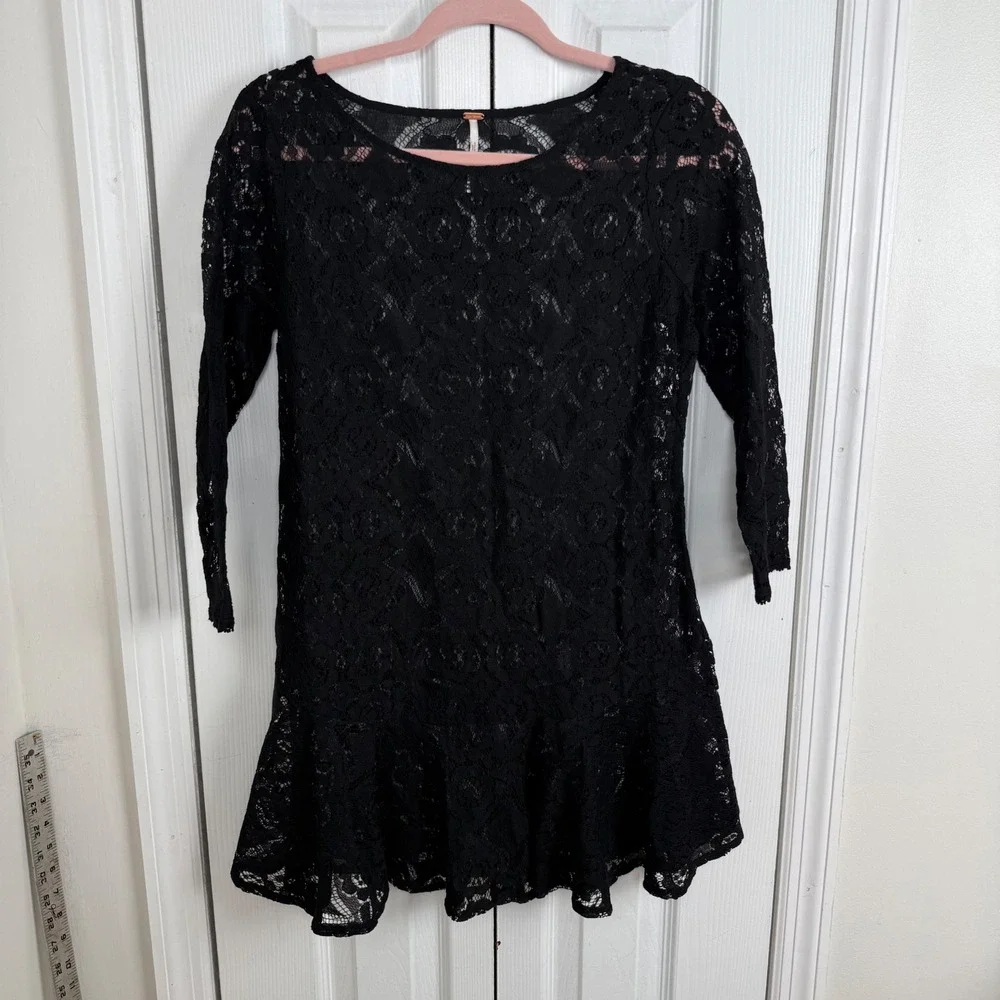 Free People Lace Mini Dress 2 Black Goth Whimsigoth Drop Waist Ruffle Sheer Boho